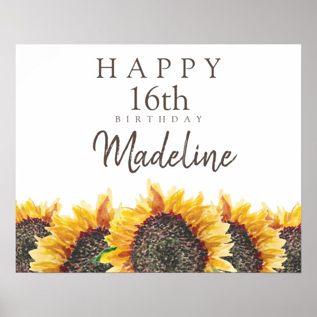 Poster Boho Tournesols Blanc Joyeux 16e (ou tout) Anniver (Devant)