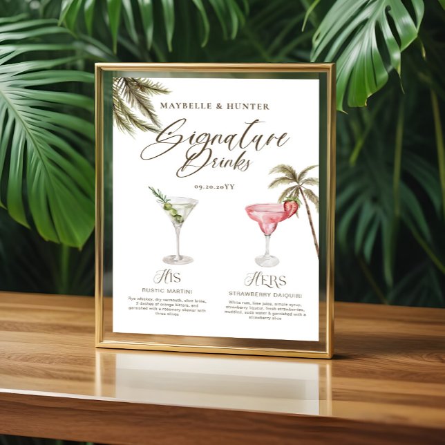 Poster Boho Tropical Watercolor Signature Boissons Mariag (Boho Tropical Watercolor Signature Drinks Wedding Poster)