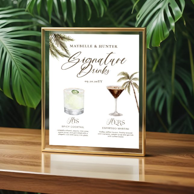 Poster Boho Tropical Watercolor Signature Boissons Mariag (Boho Tropical Watercolor Signature Drinks Wedding Poster)
