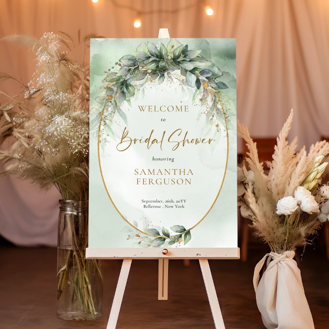 Poster Boho verdure feuillage or Douche nuptiale Bienvenu (Elegant botanical green eucalyptus gold geometric bridal shower welcome sign)