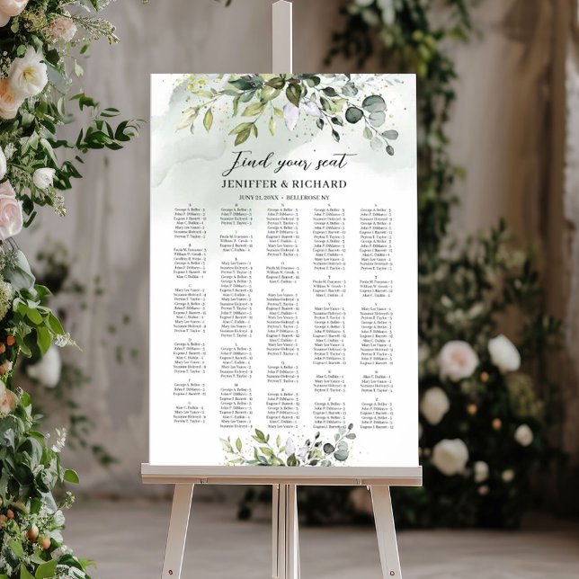 Poster Boho vert feuillage alphabétique (Boho greenery foliage alphabetical sating chart)