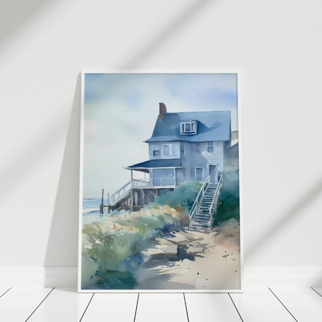 Poster Boho Watercolor Beach House Art (Boho Watercolor Beach House Art Poster on a wooden floor in white frame.)