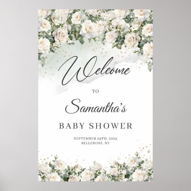 Poster Boho White Roses Floral Garden Baby shower accueil (Devant)