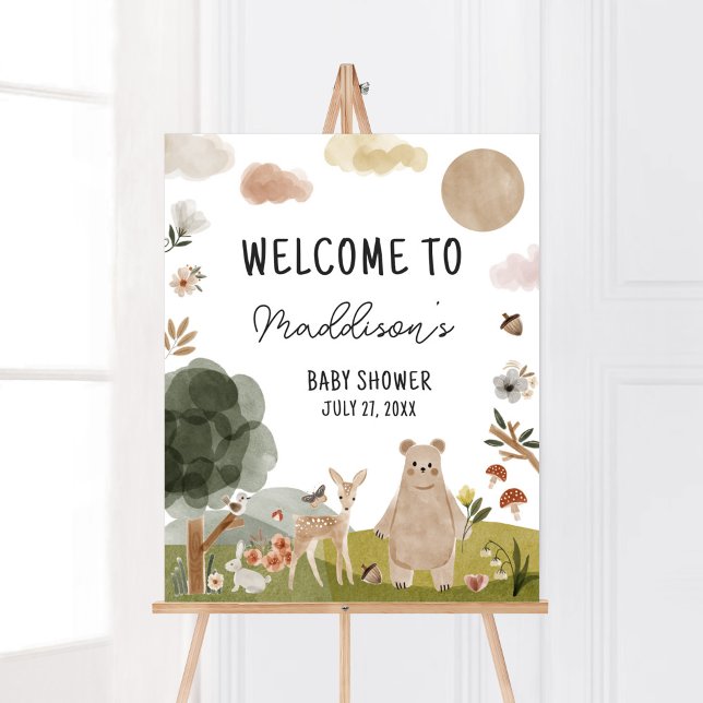 Poster Boho Woodland Baby shower Boho Woodland Bienvenue (Boho Woodland Animals Baby Shower Welcome Sign)