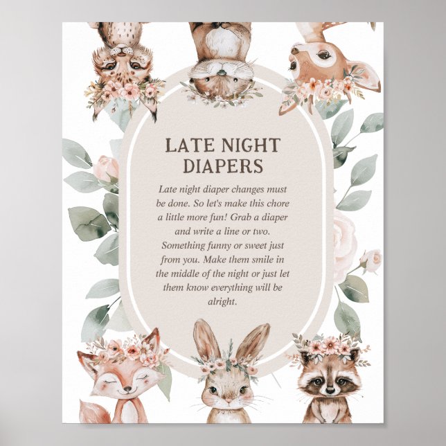Poster Boho Woodland Baby shower 'Late Night Diaper' (Devant)