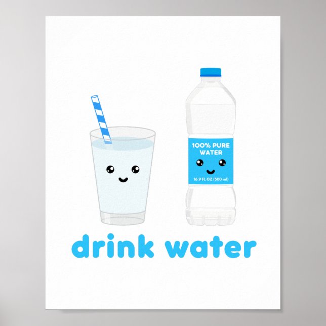 Poster Boire de l'eau - Design Kawaii (Devant)