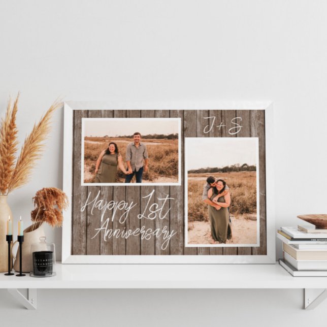Poster Bois 1er anniversaire Mariage Couple photo Collage (Wood 1st Wedding Anniversary Couple Photo Collage Poster
)