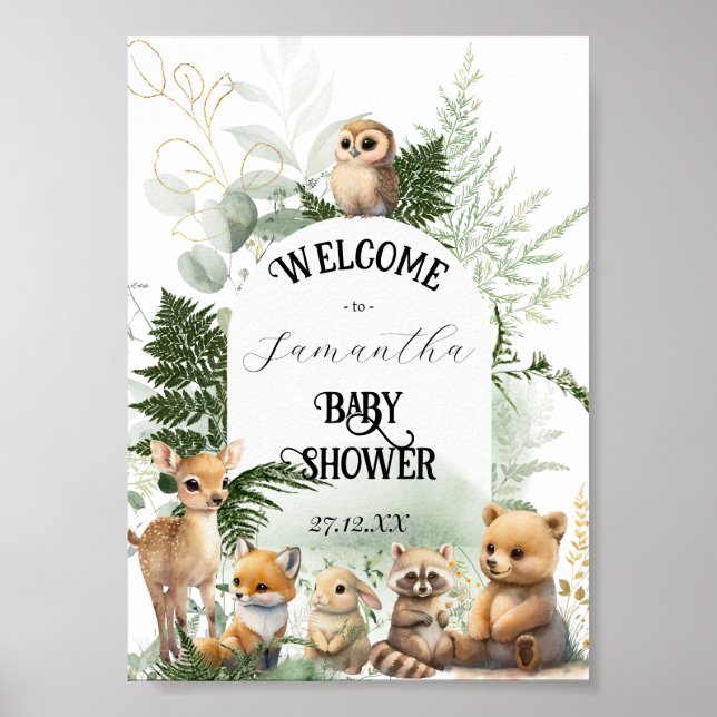 Poster Bois animal Végétation Forêt Baby shower welcom (Devant)