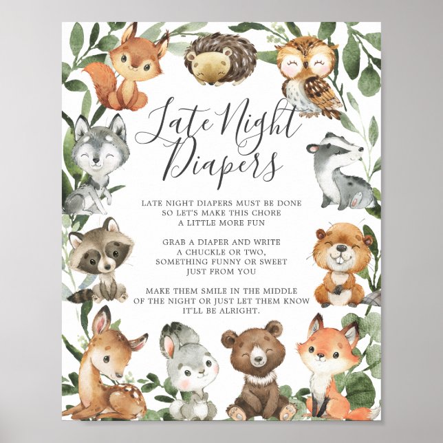 Poster Bois Animaux Baby shower Diapeurs nocturnes tardif (Devant)