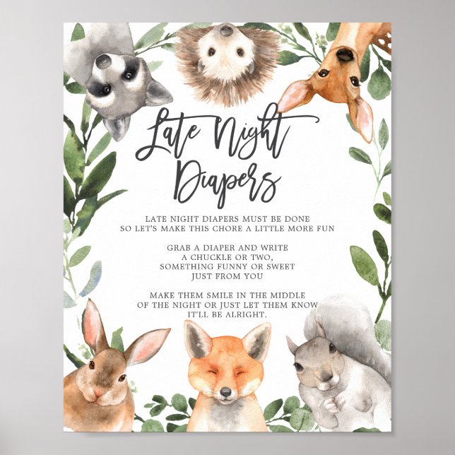 Poster Bois Animaux Baby shower Diapeurs nocturnes tardif (Devant)
