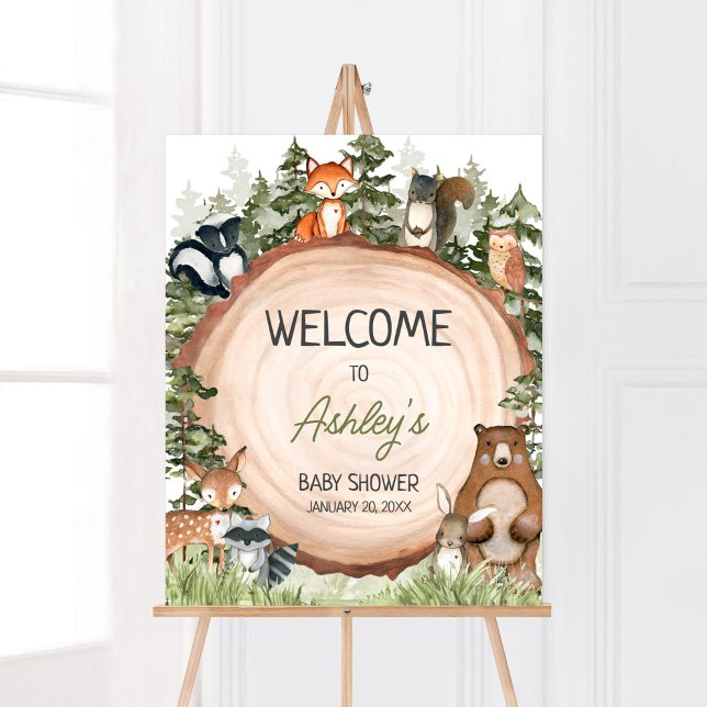 Poster Bois Animaux Bois Slice Bienvenue (Boy Woodland Animals Baby Shower Welcome Sign)