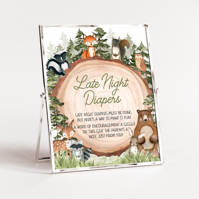 Poster Bois Animaux Bois Tranches de bois Diapositives no (Boy Woodland Animals Baby Shower Late Night Diapers Sign)