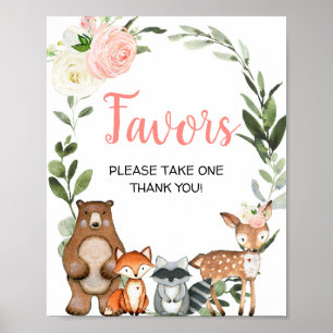 Poster Bois animaux rose verdure fille baby shower