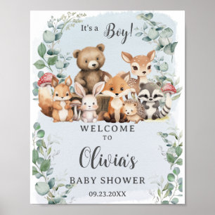 Poster Bois Animaux Végétation Boy Baby shower Bienvenue