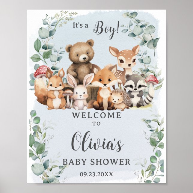 Poster Bois Animaux Végétation Boy Baby shower Bienvenue (Devant)