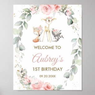 Poster Bois Animaux Végétation Florale Anniversaire Bienv