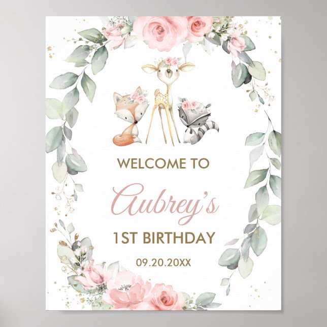 Poster Bois Animaux Végétation Florale Anniversaire Bienv (Devant)