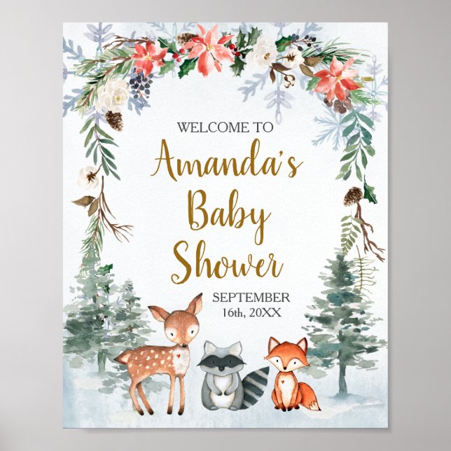 Poster Bois Baby shower d'hiver Forêt Animaux Bienvenue (Devant)