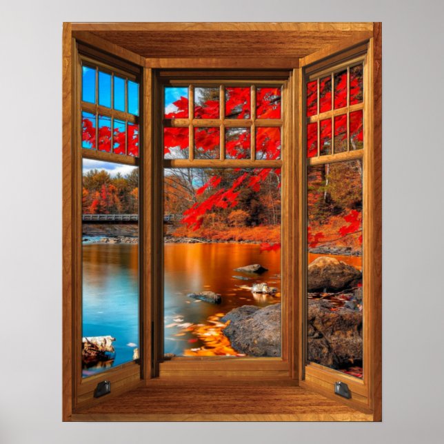 Poster Bois Baie Vitre Paysage Automne - Illusion (Devant)