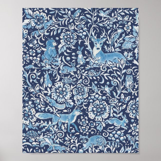 Poster Bois Bleu Bleu Blanc Forêt Renard Lapin Oiseau (Devant)