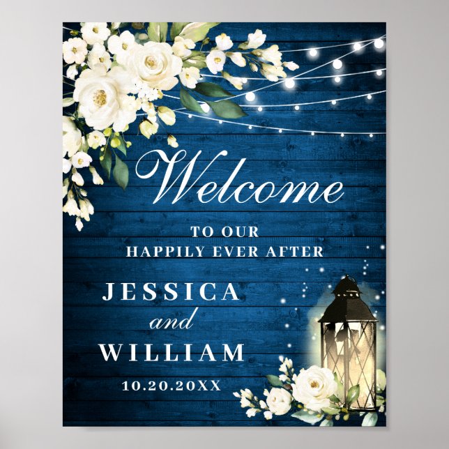 Poster Bois Bleu & Blush Rose Floral Mariage Bienvenue (Devant)