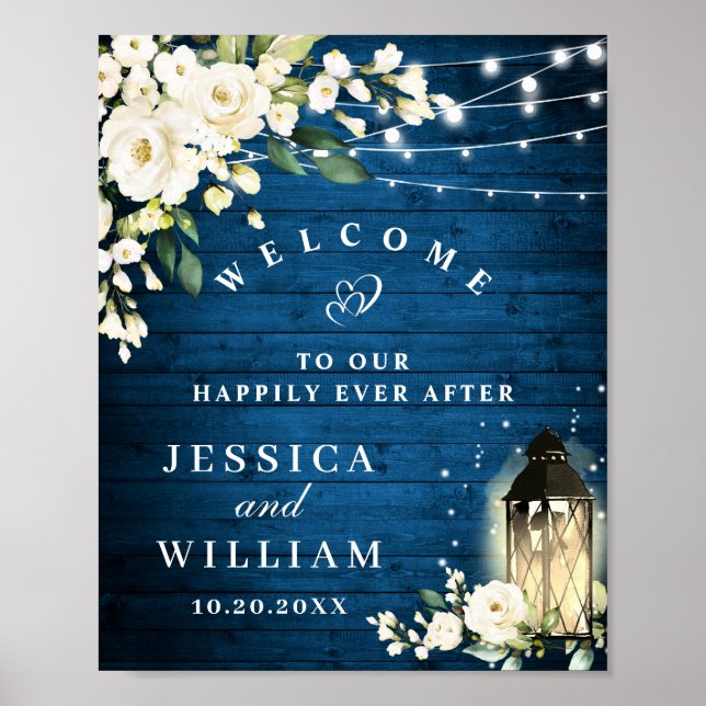 Poster Bois Bleu & Blush Rose Floral Mariage Bienvenue (Devant)