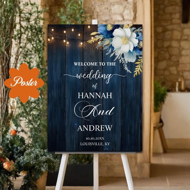 Poster Bois bleu rustique Blanc Floral Mariage Accueil (Créateur téléchargé)
