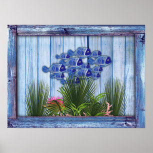 Poster Bois bleu vintage, Poisson, corail rose