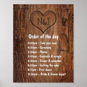 Poster Bois Burn Coeur Rustique Mariage Ordre du jour