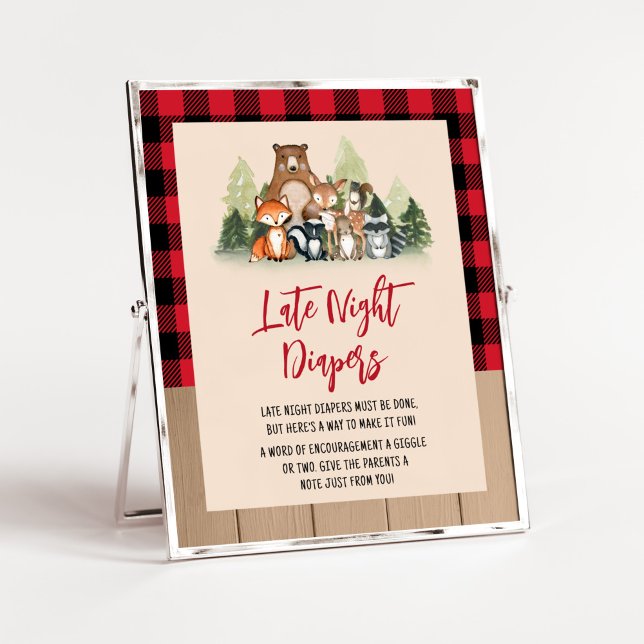 Poster Bois de bûcheron Baby shower Diapositives de nuit  (Plaid Lumberjack Baby Shower Late Night Diapers Sign)