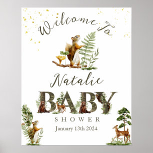 Poster Bois Forêt baby shower animal signe de bienvenue