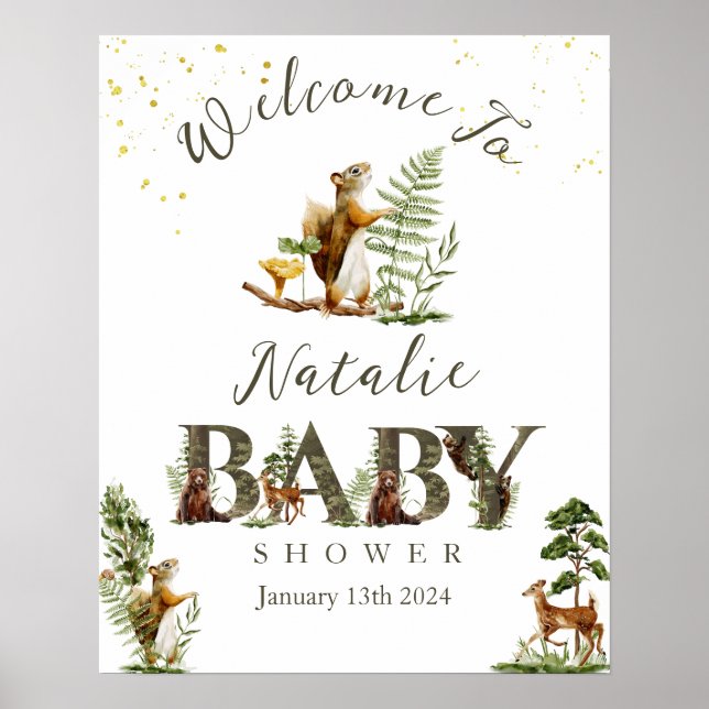 Poster Bois Forêt baby shower animal signe de bienvenue (Devant)
