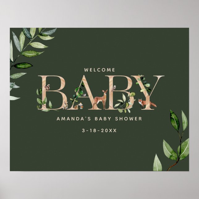 Poster Bois Lettres Animaux forestiers Baby shower Bienve (Devant)
