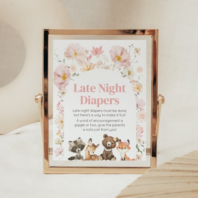 Poster Bois rose Floral Animaux Late Night Diapeurs (Pink Flower Woodland Animals Baby Shower Late Night Diapers Sign)