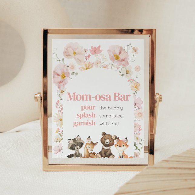 Poster Bois rose Floral Animaux Maman-Osa Bar (Pink Flower Woodland Animals Baby Shower Mom Osa Bar Sign)