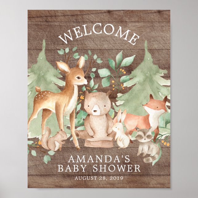 Poster Bois rustique Animaux Baby shower d'accueil (Devant)