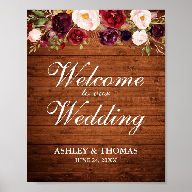 Poster Bois rustique Bourgogne Floral Mariage Bienvenue (Devant)
