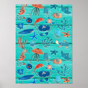 Poster Bois Turquoise rustique et sous la mer Amis Whimsi