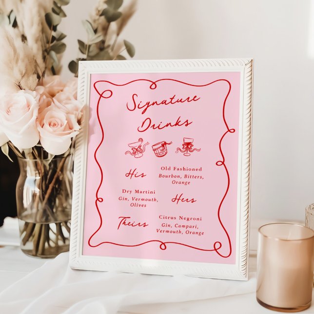 Poster Boissons à signature rose et rouge à main blanche (Créateur téléchargé)