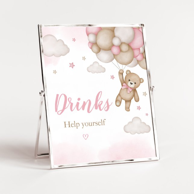 Poster Boissons Baby showers de ballons d'ours rose (Girl Bear Baby Shower Drinks Sign)