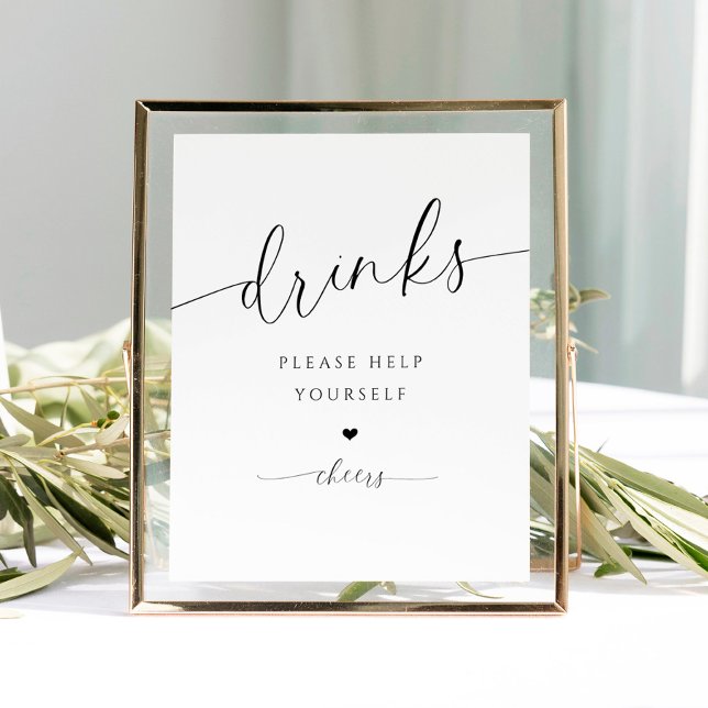 Poster Boissons Bar moderne élégant signe de Fête des mar (Bridal Shower Drinks Sign - Elegant Romantic Bridal Shower Drinks - Heart - Please help yourself)