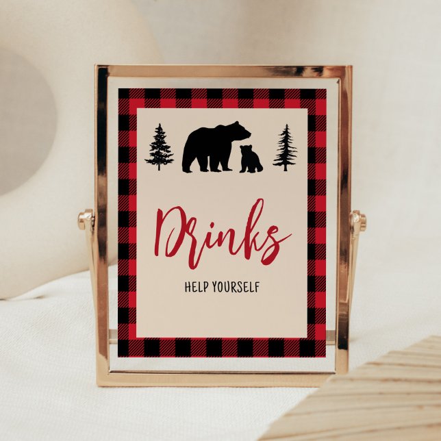 Poster Boissons de Baby shower de bûcherons d'ours plaid (Bear Cub Plaid Lumberjack Baby Shower Drinks Sign)