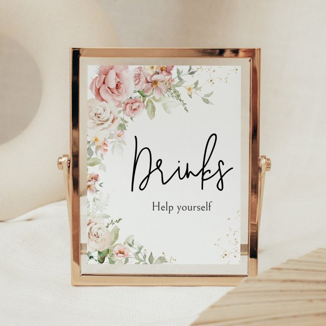Poster Boissons de Baby shower Floral Rose Dusty (Dusty Pink Floral Greenery Baby Shower Drinks Sign)