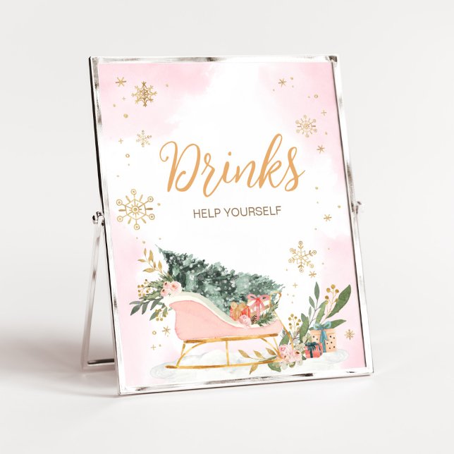 Poster Boissons de flocon d'hiver rose or (Pink Sleigh Baby Shower Drinks Sign)
