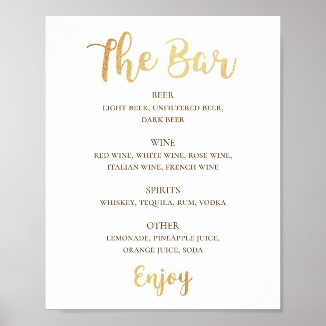Poster Boissons de mariage de script or. Barre d'alcool s (Devant)