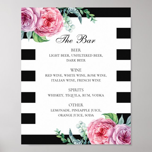 Poster Boissons de mariages floraux de Boho noir et blanc (Devant)