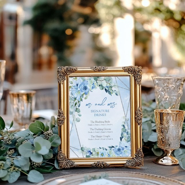 Poster Boissons de signature argentées Rustique Dusty Blu (Rustic Dusty Blue Floral silver signature drinks Poster)