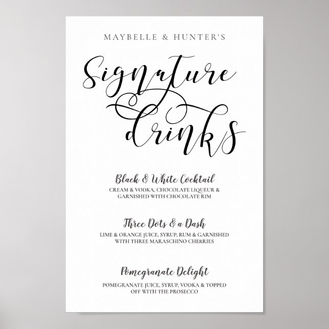 Poster Boissons de signature de couple Calligraphie noire (Devant)