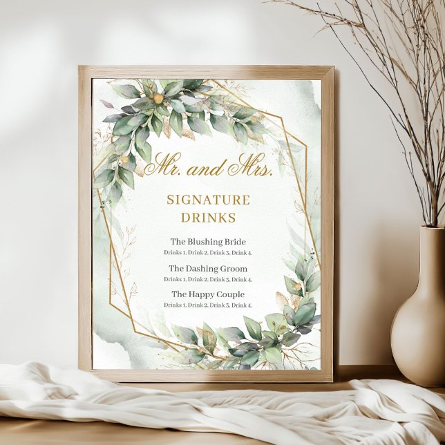 Poster Boissons modernes botaniques signées or (Modern botanical greenery leaf gold frame Mr. and Mrs. signature drinks sign)