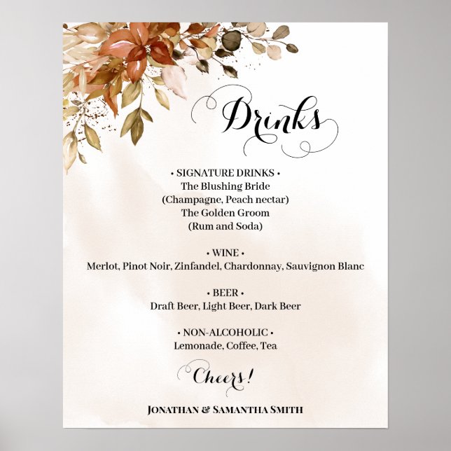 Poster Boissons Panneau Menu Automne Mariage Eucalyptus (Devant)